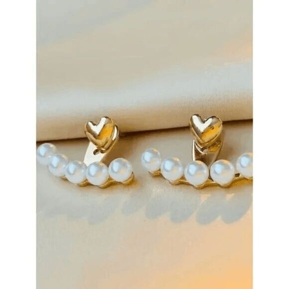 GOLD HEART PEARL EAR JACKET HUGGER STUD EARRINGS - Picture 3 of 6